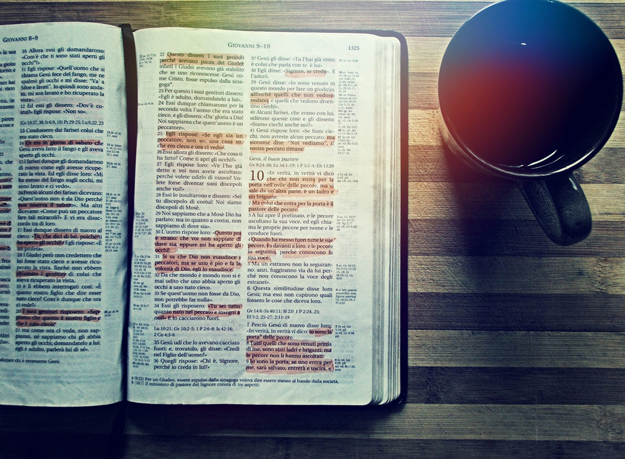 Picture of highlighted Bible and coffee cup, similar to lots of pictures that Christians sometimes post on social media that can come across as virtue-signaling.