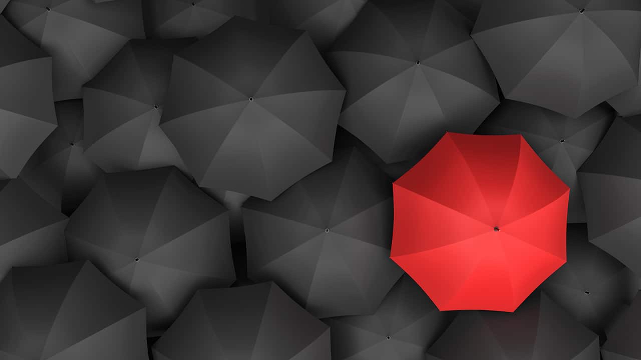 Picture: An inconsistent red umbrella in a sea of black umbrellas.
