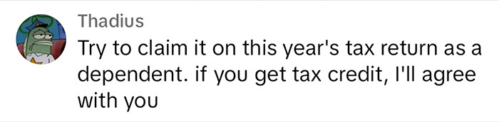 TikTok Screenshot: @Thadius: Try to claim it on this year's tax return as a dependent. if you get tax credit, I'll agree with you